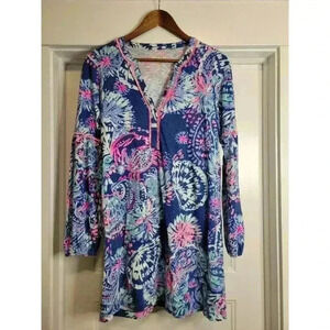 LILLY Pulitzer Cotton Modal  Blue Pink Floral Tassel V neck Tunic dress Small